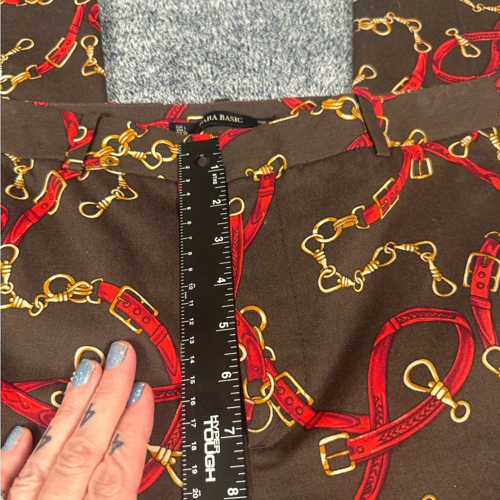 Zara chocolate brown, gold , and Red Patterned Cropped Pants A309 measure in pic - Picture 7 of 11